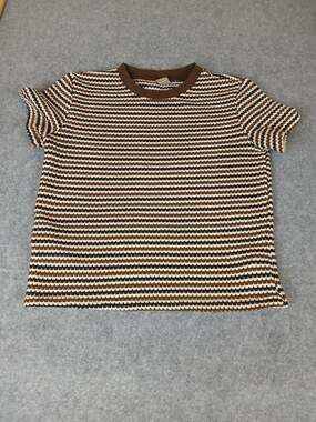Lazy-Less Brown and White Textured Striped Short Sleeve T-Shirt